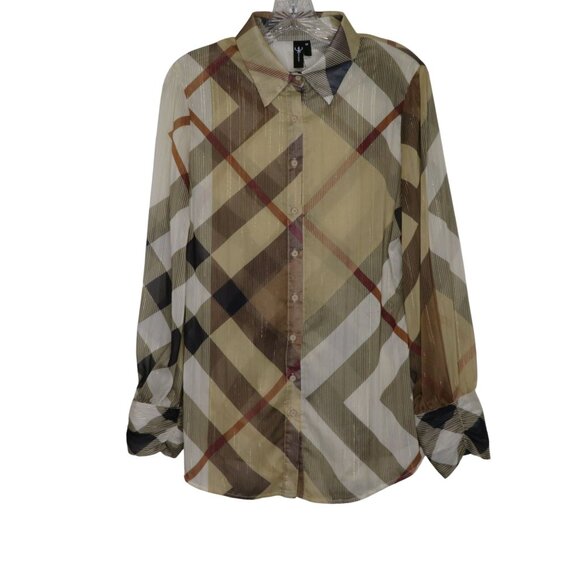 Vintage Striped Plaid Sheer Button-Down Shirt Long Sleeves Pointed Collar Size M - Picture 3 of 11